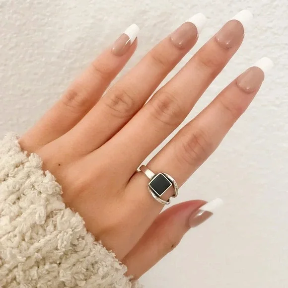 925 Sterling Silver Dainty Ring Black Square Ring Geometric Ring Minimalist Ring - Picture 3 of 10
